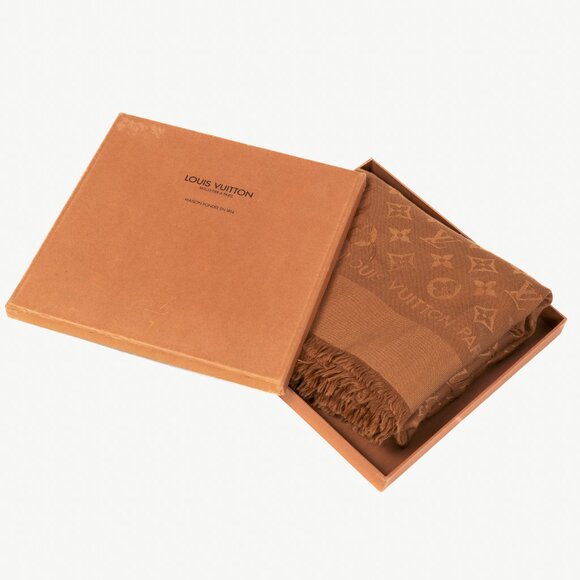 Louis Vuitton Camel Silk & Wool Monogram Fringe Shawl - Picture 5 of 5